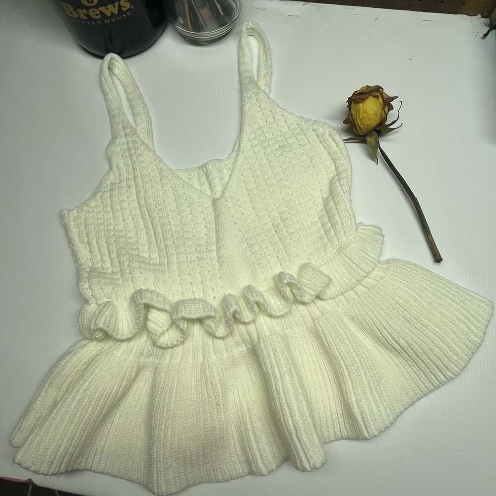 Unbranded Knit Peplum Tank Top Cream White Ruffle Camisole